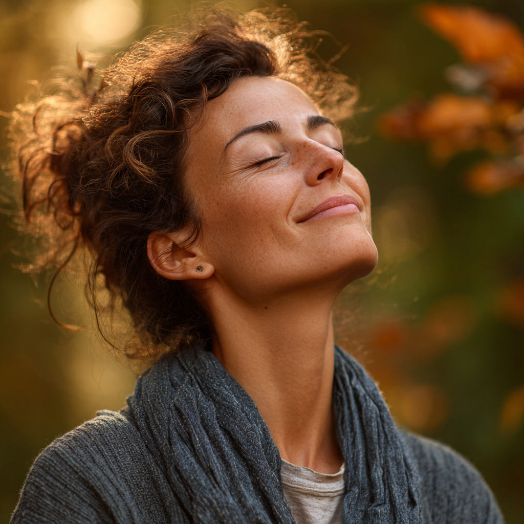 Smiling European woman in her 30s practicing yoga in a peaceful studio setting, wearing comfortable fitness clothes, demonstrating a balanced pose