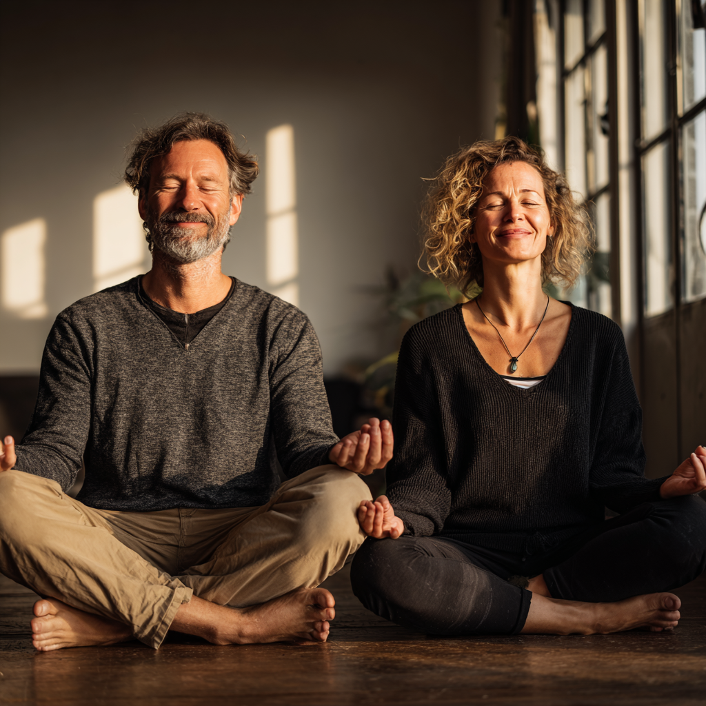 Calm European woman in her 30s sitting in meditation pose with eyes closed, surrounded by soft natural lighting, representing inner peace and energy flow